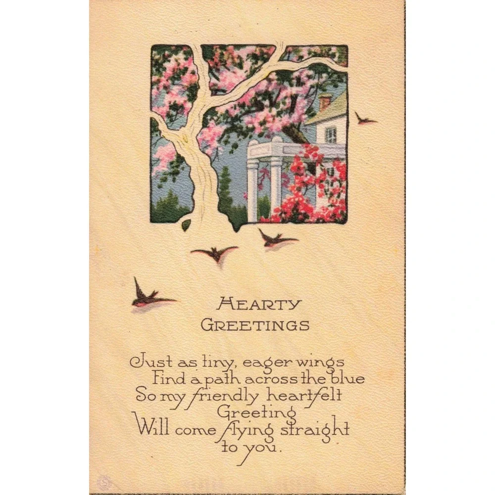 Vintage 1924 Hearty Greetings Postcard East Alton IL Linen Pink Trees Birds